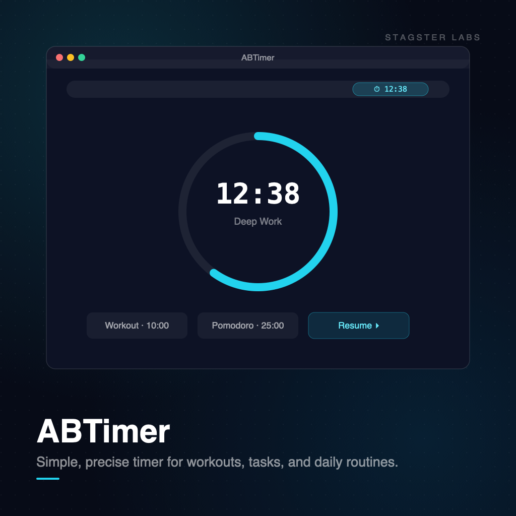 ABTimer for Mac showing a countdown ring, session presets, and a menu bar timer