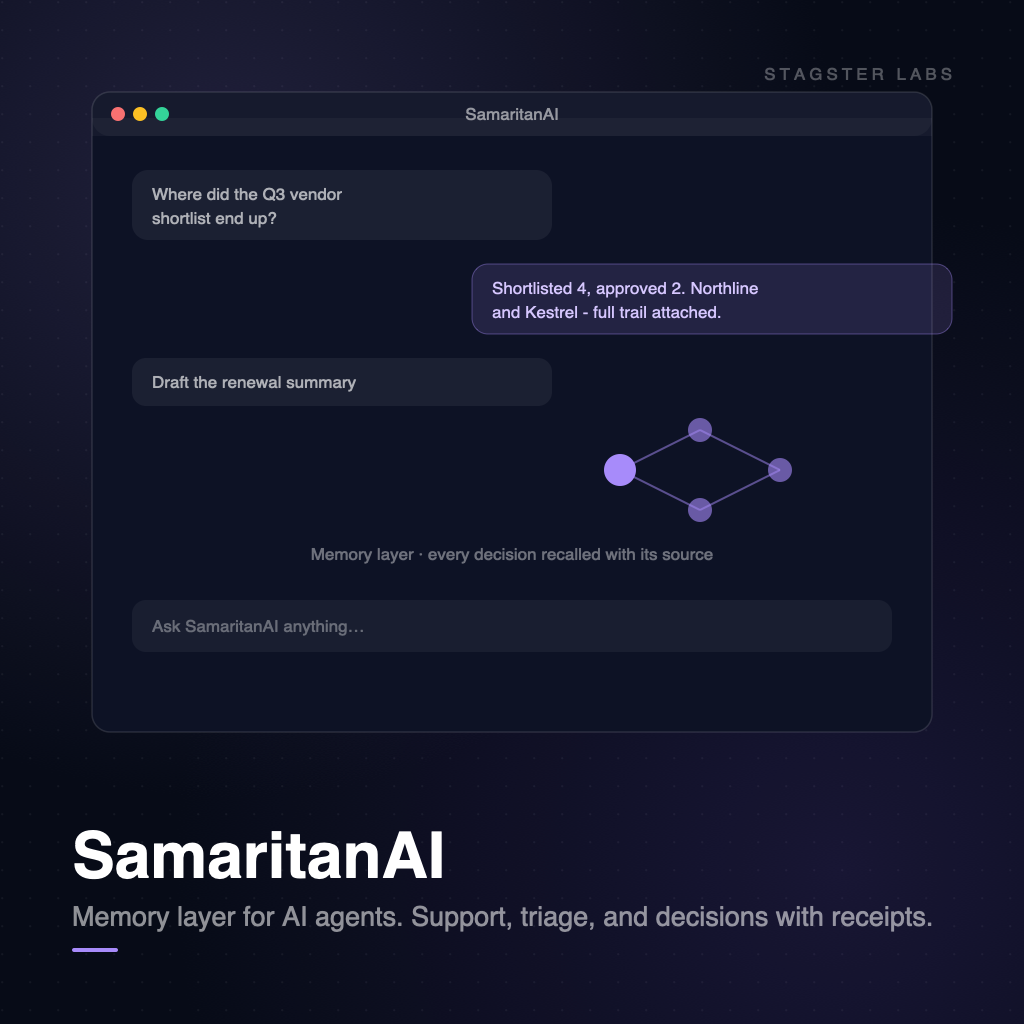 SamaritanAI answering a question with recalled context from its agent memory layer